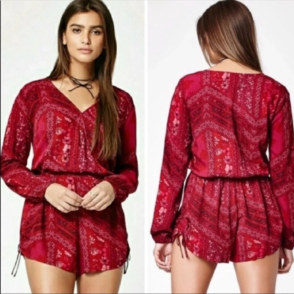 Kendall & Kylie Maroon Surplice Boho Print Romper